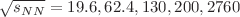 $$\sqrt{s_{NN}}=19.6, 62.4, 130, 200, 2760$$