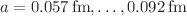$$a=0.057\,\textrm{fm},\ldots ,0.092\,\textrm{fm}$$